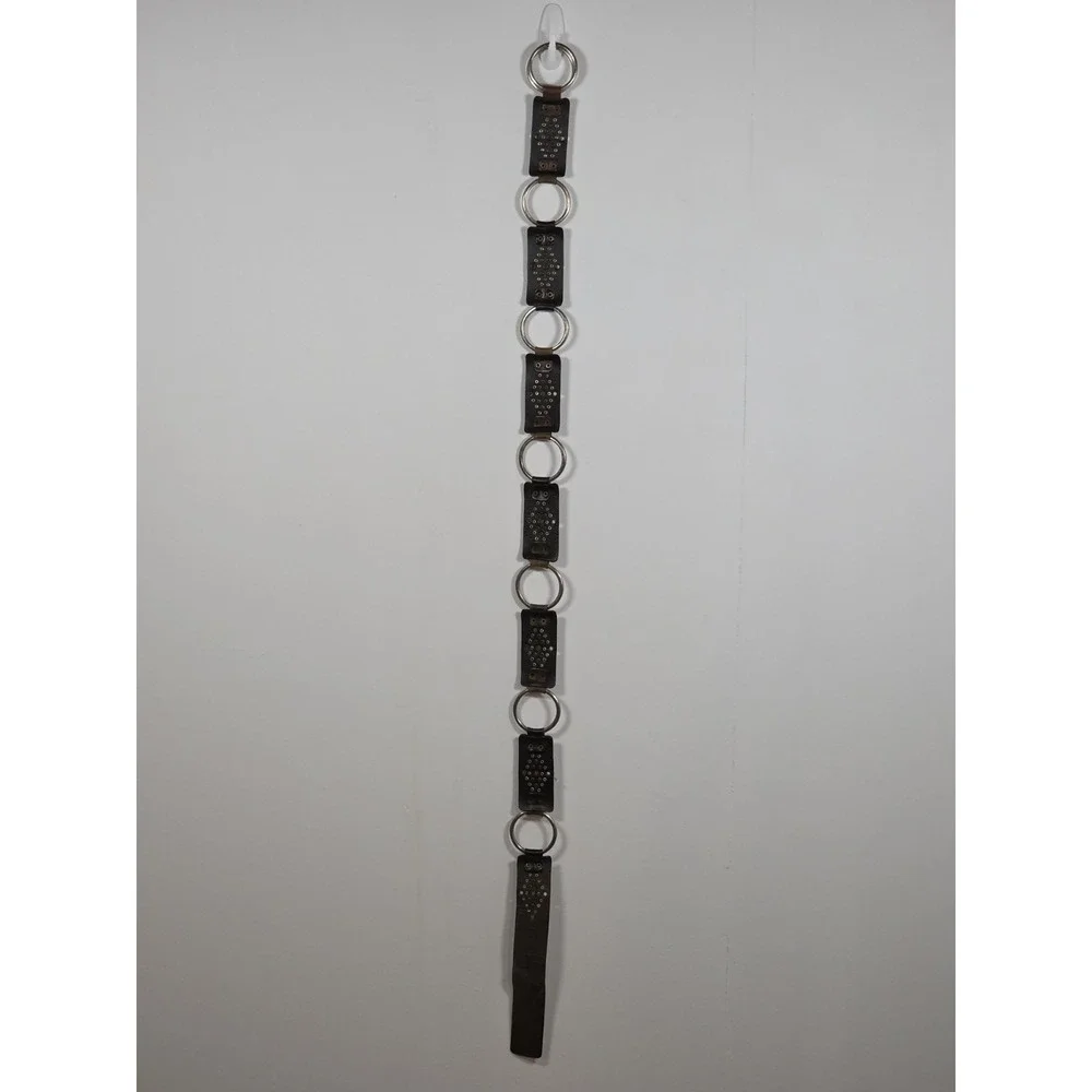 Womens Brown Leather Link Belt Studded O Ring Chain Hardware Western Boho Chic
